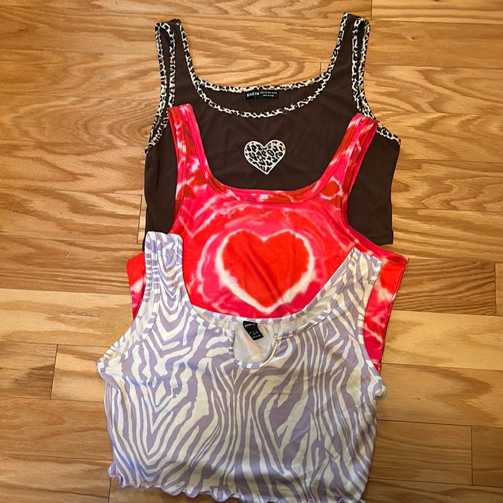 3 Shein tank tops. Size large, pink and red, brown and violet and white in color